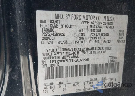 2001 Ford F-150 Harley-Davidson Edition/King Ranch Edition/Lariat/Xlt from USA, damaged, VIN 1FTRW07L11KA87905